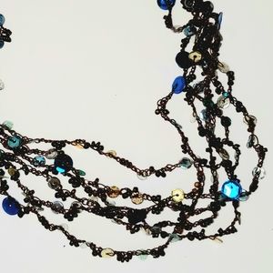 Crocheted Necklace Blue, Silver & Chocolate Brown Lightweight Light Reflecting